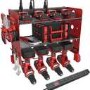 NWH Power Tool Organizer Wall Mount with Charging Station3 Layer Storage Rack for Organization 4 Drill Storage Shelf with Hooks, Drill Bit Heavy Duty Rack, with 8 Outlet Power for Garage and Workshop