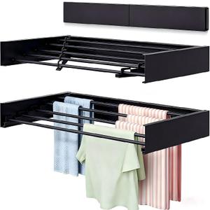Wall Mounted Laundry Drying Rack, Carbon Steel Foldable & Retractable Clothes Drying Rack, Space Saving Adjustable Towel Holder for Bathroom, Laundry, Small Spaces (1, Black, 80cm), 31.5"