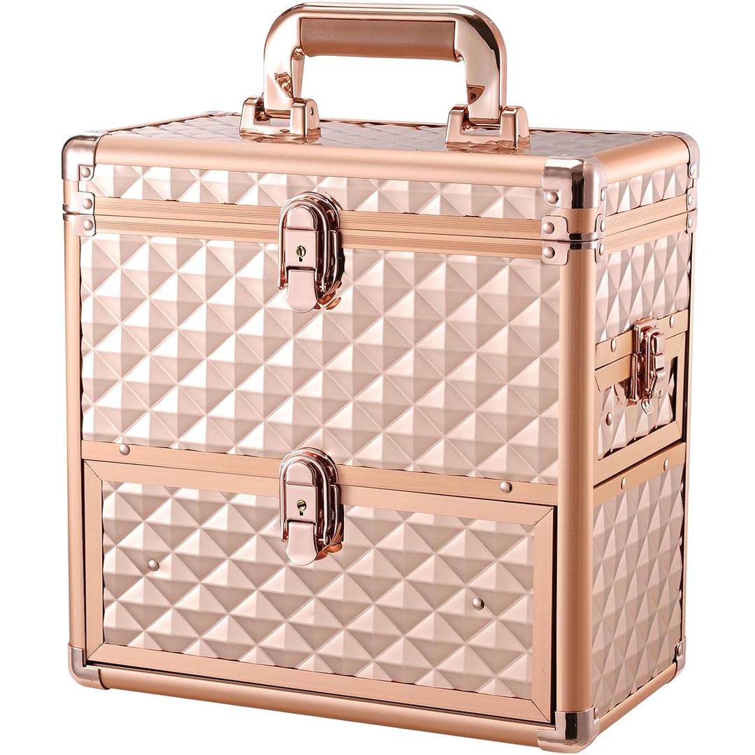 Makeup Train Case Professional Makeup Organizer Case with Drawer Mirror Extra Large Makeup Manicure Accessory with Dividers Travel Cosmetic Case for Cosmetologist Nail Tech Kits Makeup Case Rose Gold