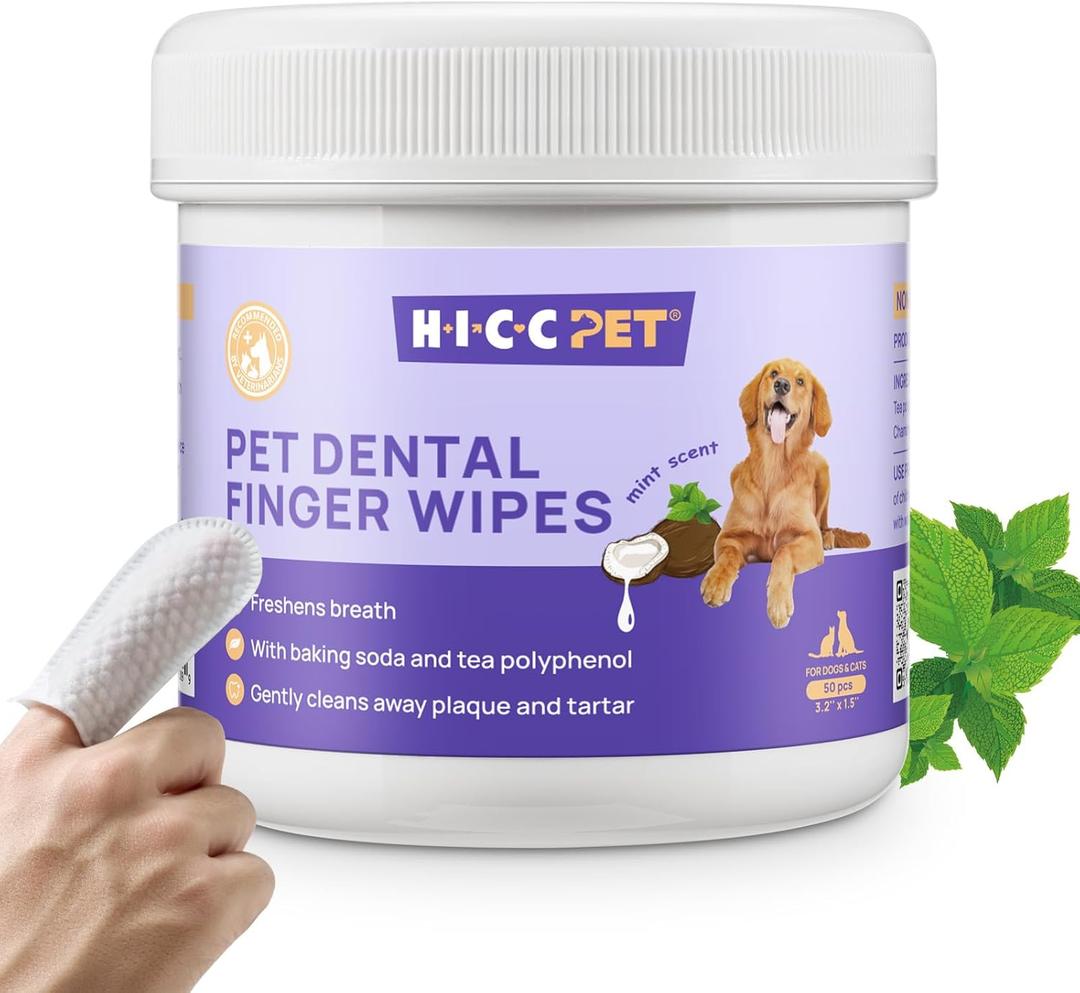 HICC PET Teeth Cleaning Wipes for Dogs & Cats, Remove Bad Breath by Removing Plaque and Tartar Buildup, Disposable Dog Finger Toothbrush Gentle Pet Dental Care Wipes, Dog Tooth Brushing Kit (1.54" Wide (50 Count))