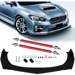 4Pcs Front Bumper Lip Chin Spoiler Splitter Diffuser Protector Air Dams Fit 66.9"-76.7'' Width Cars with 2Pcs Adjustable 8"-11" Red Splitter Rods, Glossy Black Sharp Corner