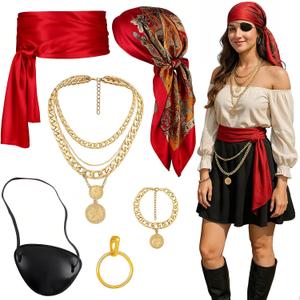 Yaliuliu Pirate Costume Accessories Set for Women &Men Head Scarf, Satin Sash, Belt & Accessories for Halloween, Cosplay, Party Dress Up Red