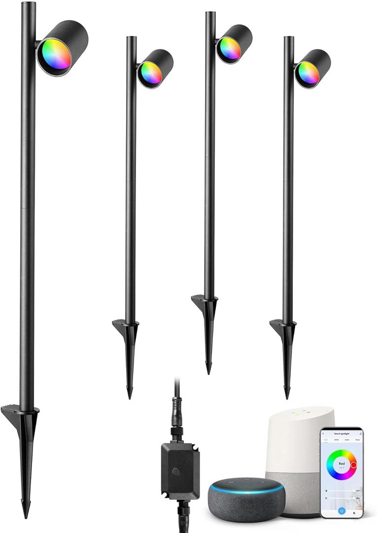 EDISHINE 48Ft Smart LED Landscape Lighting, 300LM Low Voltage Outdoor Spotlgiht, RGBW IP67 Waterproof 12V Landscape Lights, APP Control, Height & 320 Head Adjustable, Compatible with Alexa, 4 Pack