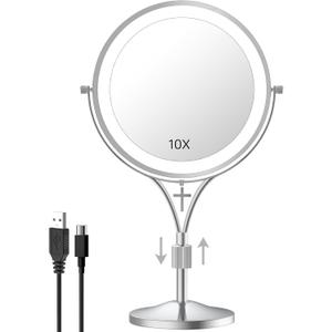 1x/10x Magnifying Mirror with 3 Color Lights and Cross Dangle Charm, 7" Lighted Makeup Mirror with Magnification, Height Adjustable Vanity Mirror, Birthday Christian Gifts for Women, Chrome