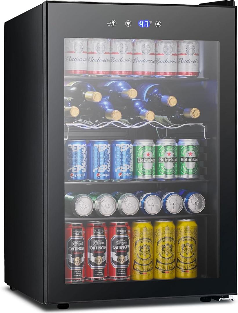 37 Bottle Wine Fridge,Freestanding 145 Can Beverage Refrigerator with Smart Temperature Control4.5 CU FT Quiet Mini Fridge with Child Lock Panel for Family Restaurant Bar, Black