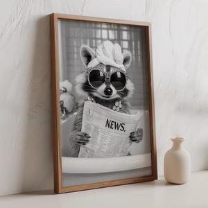Funny Raccoon Bathroom Canvas Wall Art set of 3 Black and White Cute Poster Print Artwork Humor Adorable Animals Pictures Wall Decor for Washroom Restroom laundry 16x24in