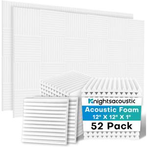 Knightsacoustic 52 Pack White Sound Proof Foam Panels for Walls, 1 X 12 X 12 Inches Acoustic Foam Panels, High Density Acoustic Panels Sound Absorbing, Noise Cancelling Studio Wedges
