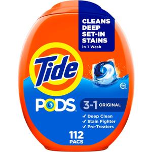Tide PODS laundry detergent pacs, 3-in-1 Stain Remover, Odor Fighter, Color Protector, 112 Count, HE compatible, Original Scent