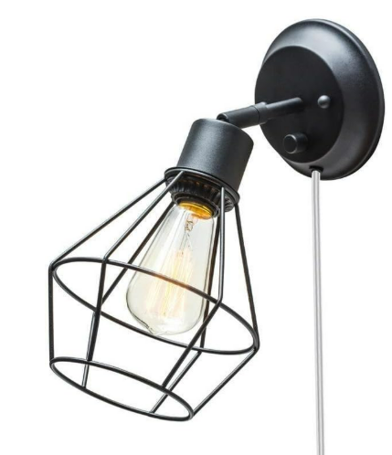 GLOBE Electric 65291 1-Light Plug-in or Hardwire Industrial Cage Wall Sconce, Matte Black Finish, On/Off Rotary Switch, 6ft Clear Cord, Wall Lights for Bedroom, Bulb Not Included