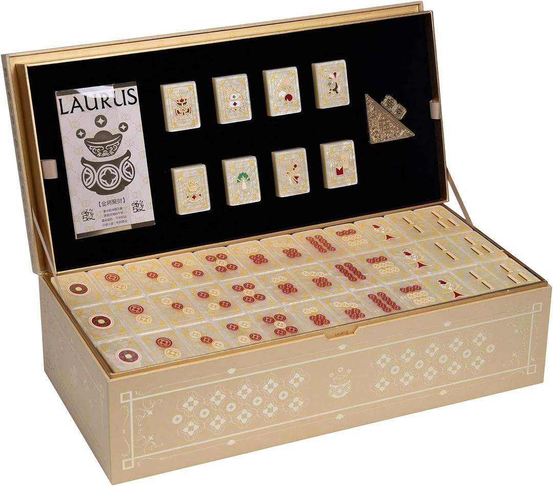 144-Tile Chinese Mahjong Set for Adults, Gold PMMA Tiles 2.05 x 1.48 in, one size