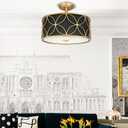 Edwarmlux 3-Light Semi Flush Mount Ceiling Light, 16" Drum Light with Fabric Shade, Modern Close to Ceiling Lamp for Living Room Bedroom Dining Room Kitchen Hallway Entry Foyer (Black Gold)