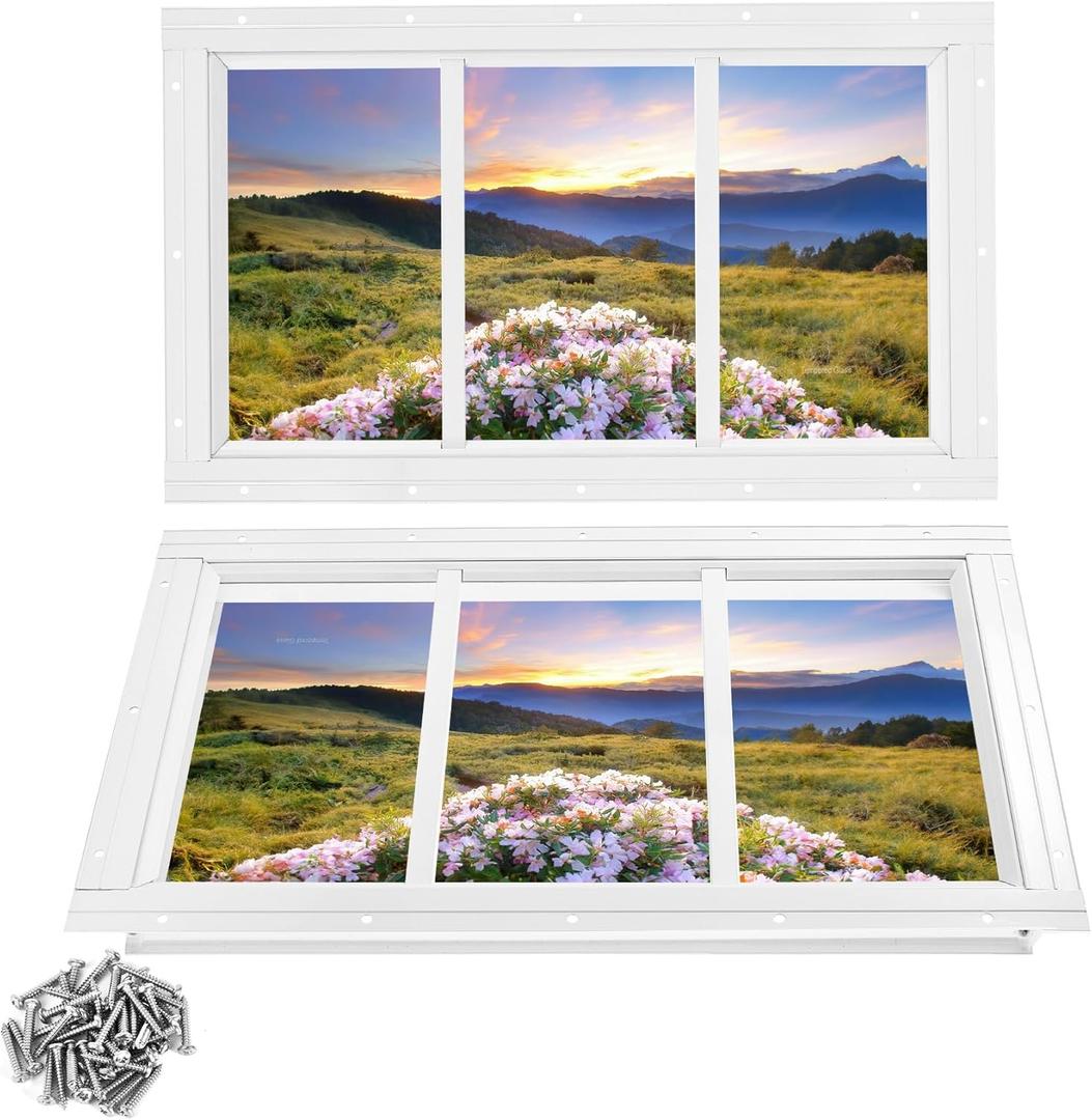 Shed Window 2 Pack Transom Window Fixed Design,Flush Mount Household Windows with Tempered Glass and Srews for Shed,Chicken Coop,Barns,Playhouse and Garage White 10X18Inch