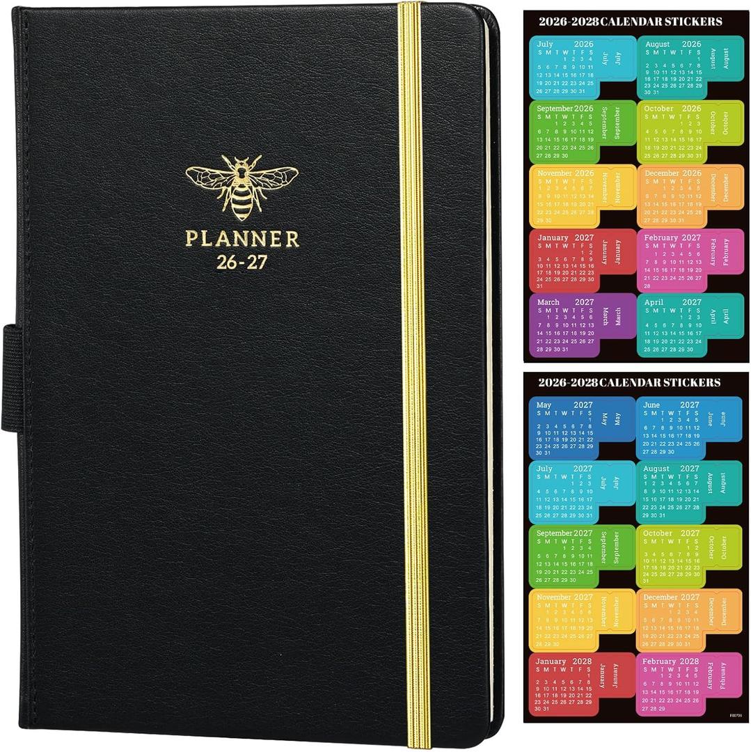 2026-2027 Planner - Planner 2026-2027 Weekly and Monthly with Calendar Stickers, JUL 2026 - JUN 2027, 5.75" x 8.25", Saffiano Leather, Pen Loop, Back Pocket - Black Bee