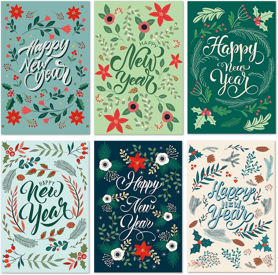 Bablira 24 Pack Happy New Year Cards Set with Envelopes, Boxed New Year Greeting Cards for NYE Parties, Office Events, Bulk Mailing, Home Decor(6 Designs), 4 * 6in, Blank