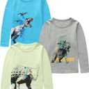 Boys Long Sleeve Shirts, Casual Cotton Tshirts Cartoon Graphic Crewneck Tops Tees Shirt for Kids Toddler Boy 3 Pack (S)