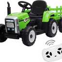Kids Ride On Tractor with Green Trailer & Remote Control, 12V Toddler Battery Powered Electric Vehicle with Slow Start 7LED Headlights USB Music Player 2+1 Gear Shift, Green Trailer, 25W/Treaded Tires