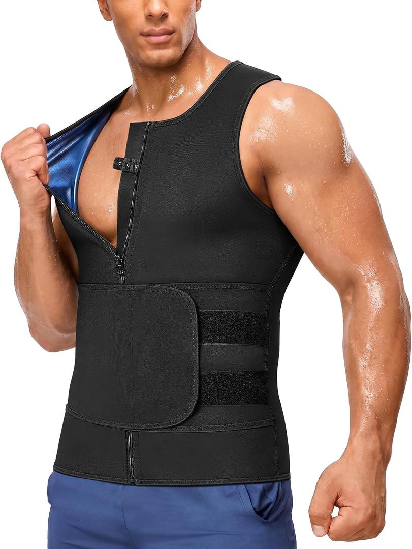 Junlan Sauna Suit for Men 2 in 1 Waist Trainer Sauna Shirt for Men Sweat Band for Stomach (Blue, X-Large)