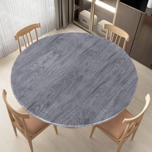 LUSHVIDA Round Waterproof Table Cover Elastic Tablecloth Vinyl Fitted Table Cover Elastic Edged Plastic Table Cloth (Wood Gray, Best for Up to 45"-56" Round)