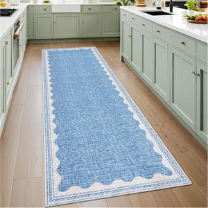 GarveeHome 2.5x8 Runner Rug for Hallway Washable Kitchen Rugs Non Slip Solid Blue Modern Minimalism Soft Low-Pile Scalloped Indoor Carpet for Entryway Laundry Room Floor Mats