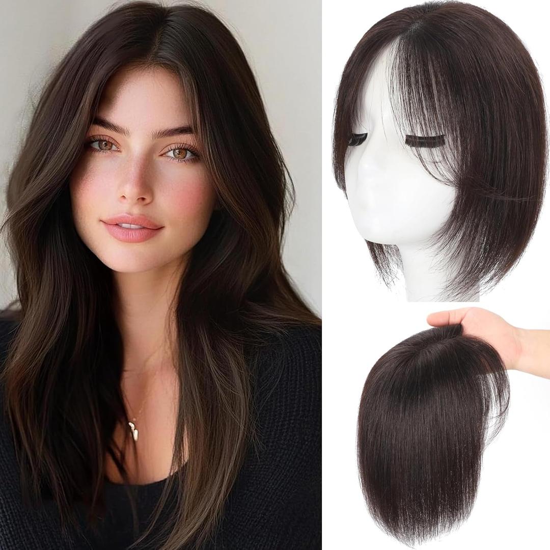 Hair Toppers for Women Real Human Hair, 3603D Topper for Women with Thinning Crown Wispy Clip in Bangs Breathable Hand Tied Craft Big Coverage Hairpieces(Dark BrownBig Coverage, 12 Inch-3D-Side)