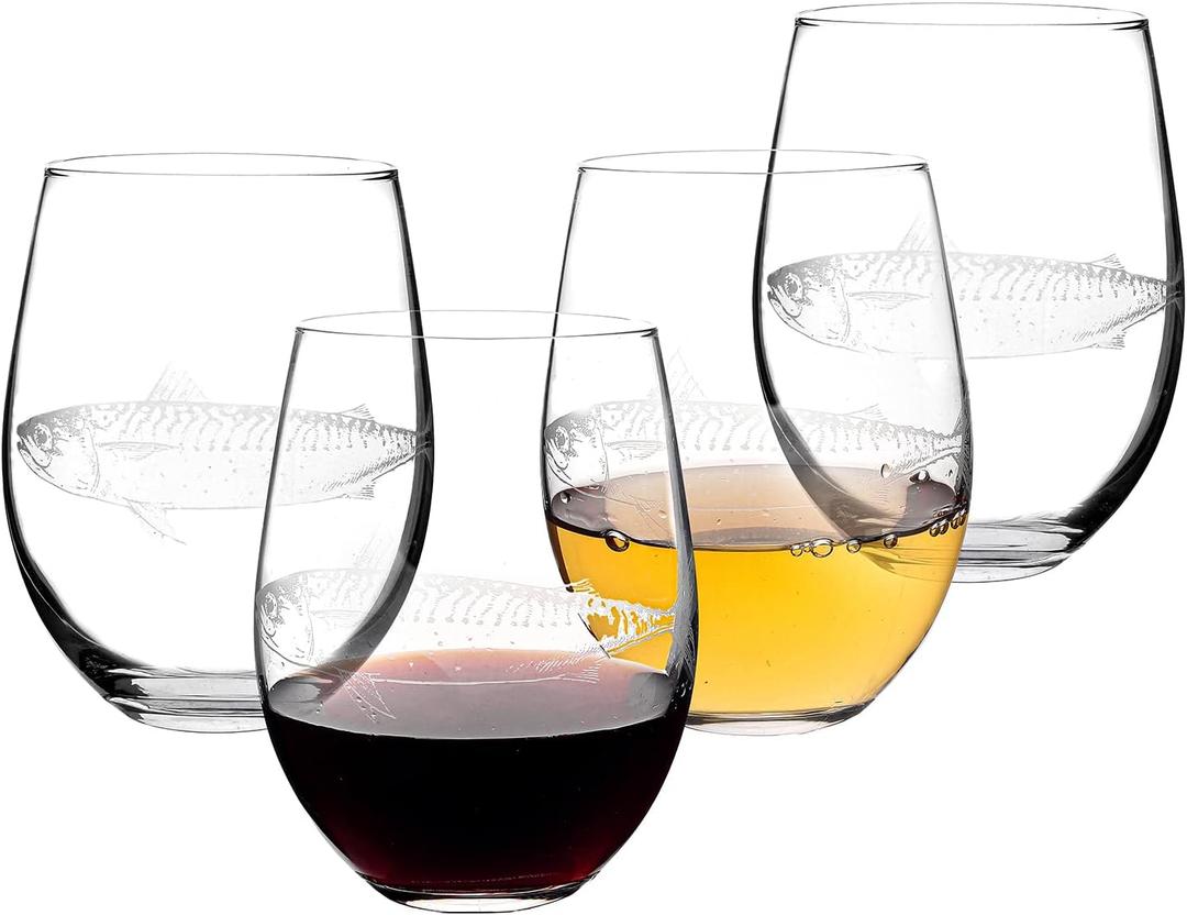 MyGift Stemless Wine Glasses, 10 oz Etched Fish Sea Themed Glassware White Wine, Set of 4