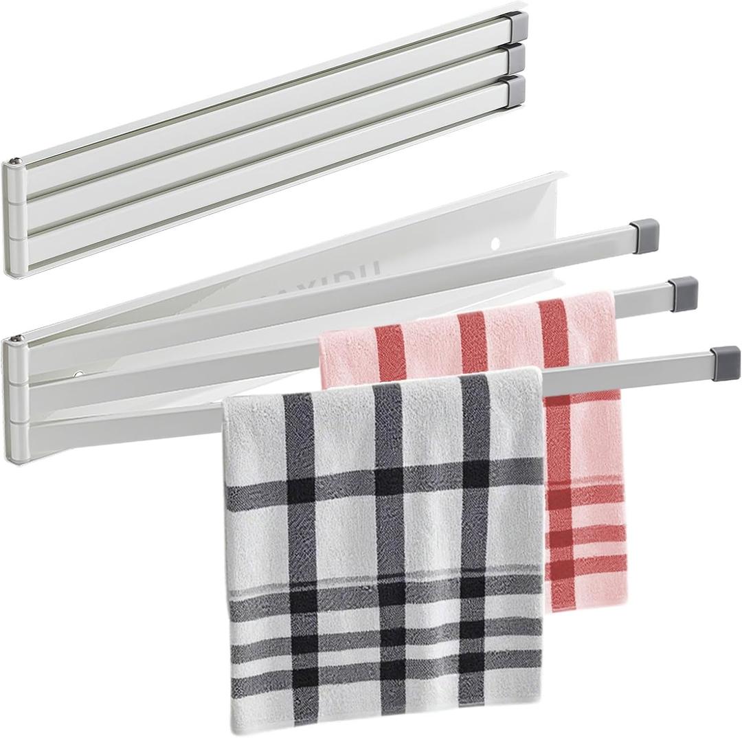 Foldable Towel Rack,Space Saving Wall Mounted Swivel Towel Rack, Stainless Steel Swing 3-Arm Towel Bar for Bathroom or Kitchen Storage(White)