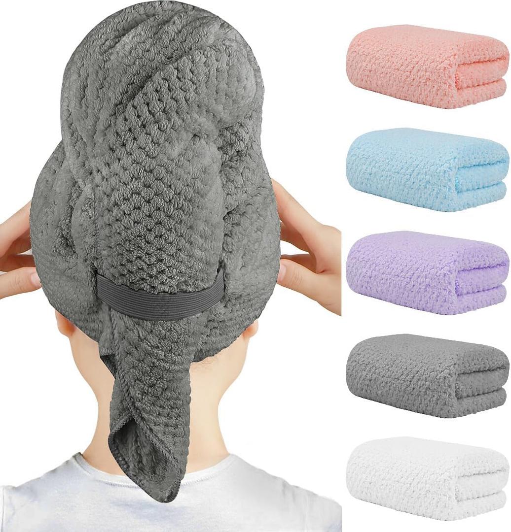 HOMEXCEL 5 Pack Microfiber Hair Towels - 40 x 20 inches Super Soft, Fast Drying Turbans for Long, Thick, Curly Hair - Anti Frizz Wrap with Elastic Strap (Multicolor)