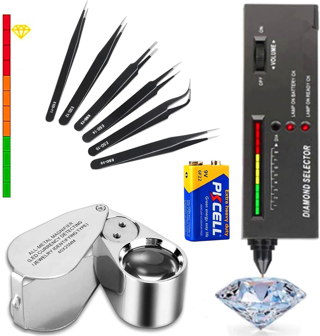 Diamond Tester Pen, 40X Full Metal Jewelers Eye Loupe,6PCS Precision Upgraded Anti-Static Stainless Steel Curved of Tweezers Set,Professional Diamond Selector for Novice and Expert