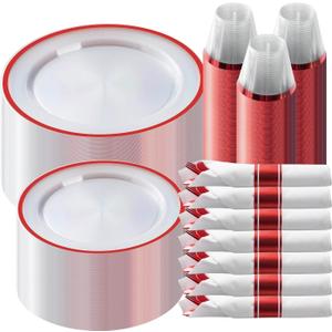 Goodluck 350 Piece Red Plastic Dinnerware Set for Party, Clear Disposable Plates for 50 Guests, Include: 50 Dinner Plastic Plates, 50 Dessert Plates, 50 Pre Rolled Napkins with Cutlery Set, 50 Cups