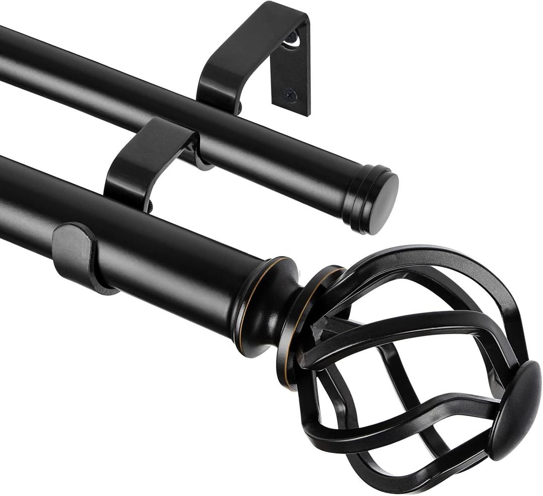 KAMANINA 1 Inch Double Curtain Rods 66 to 120 Inches (5.5-10 Feet) Telescoping Heavy Duty Drapery Rod for Windows 54 to 115 with Twisted Cage Finials, Black