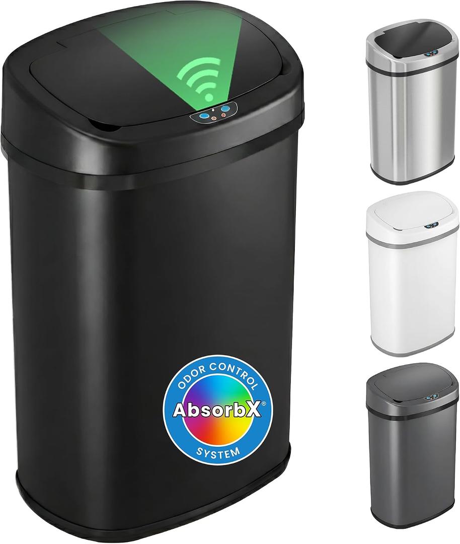 iTouchless 13 Gallon Oval Automatic Garbage Can with Odor Filter, 50L Touchless Kitchen Wastebasket, Smart Hands-Free Motion Sensor Lid, Fingerprint-Proof, Soft-Close, Modern Matte Black Finish