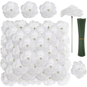 LELEE 108pcs White Roses Head Flowers with Stem - Artificial Flowers Rose Bulk - Silk Rose Fake Flower for Wedding Bouquet Party Home Decor DIY Baby Shower Centerpieces Tables Decoration