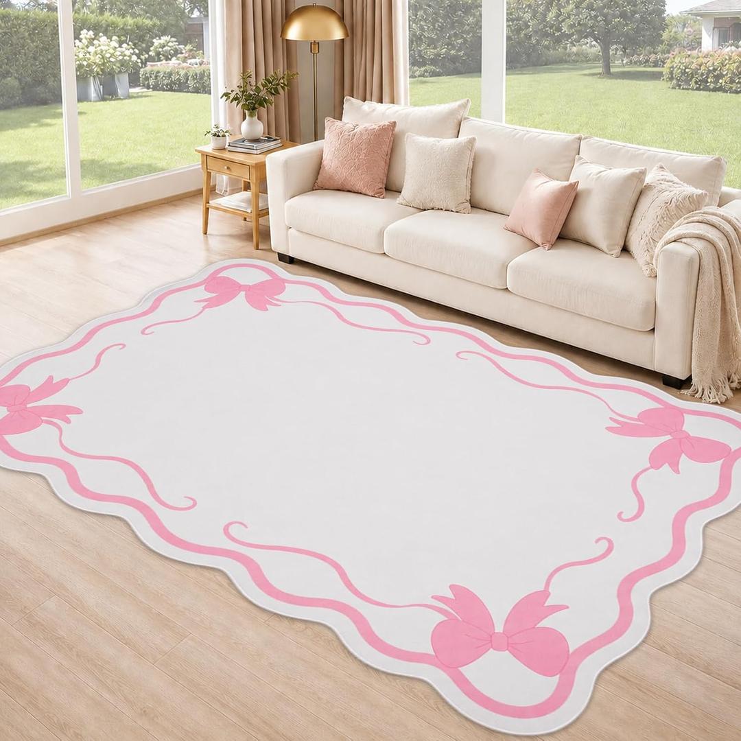 Scalloped Bow Rug, Pink Area Rugs for Living Room Bedroom Girls
5x7 Washable Soft Non Slip Backing Scalloped Bow Large Carpet Rugs for Nursery Bedroom Playroom Home Indoor Decor (4'8"×6'6")