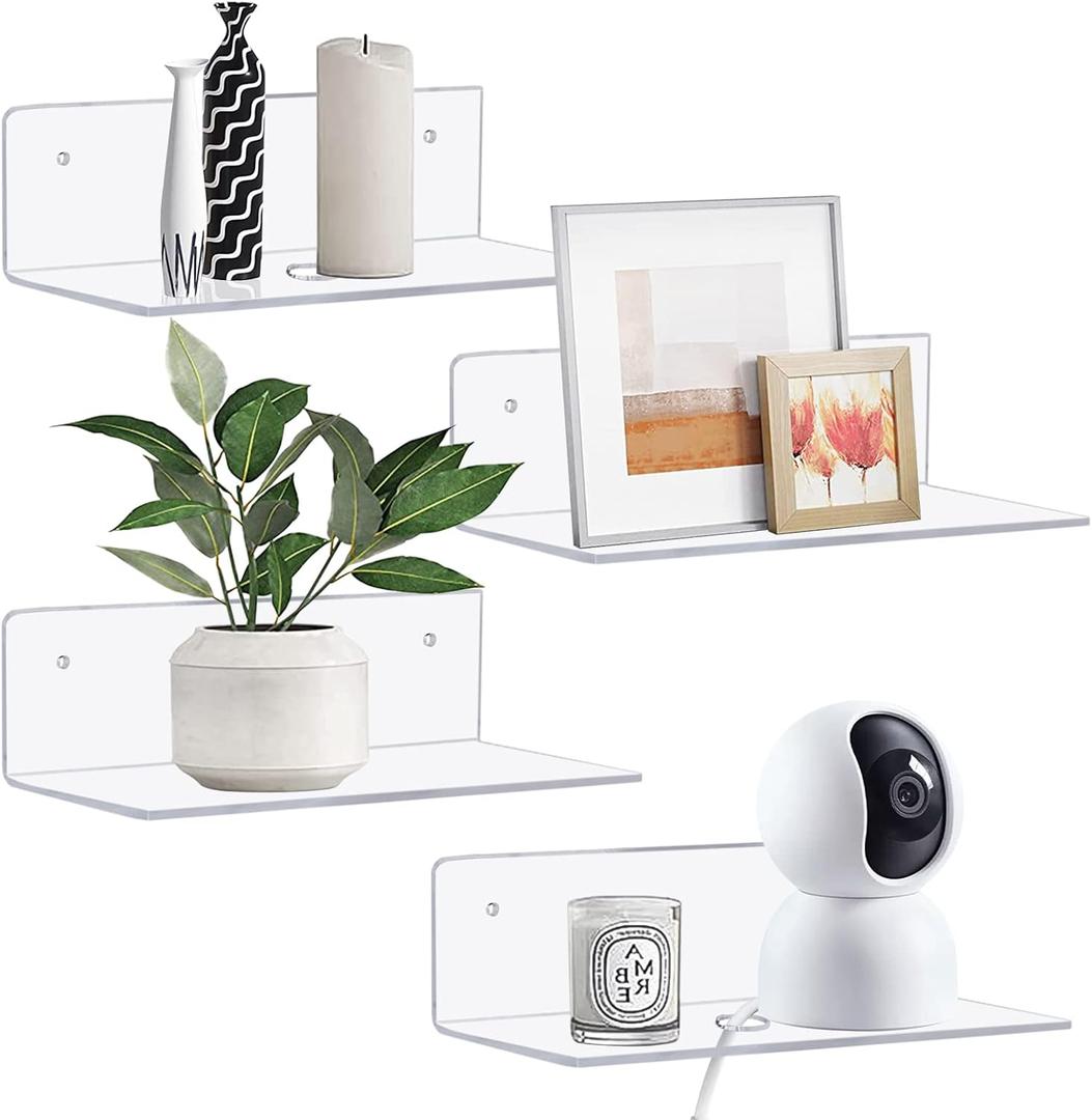 Clear Acrylic Floating Shelves 9 inch, Adhesive Wall Shelf Set of 4 for Funko Pop Figure, Plant, Speaker, Controller, No Drill Small Wall Shelf for Bathroom, Bedroom