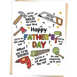4 x Asmallgf Happy Father's Day Card, Funny Wordplay Gift Card for Dad, Cute Tool Father Day Decoration Gifts from Daughter Son