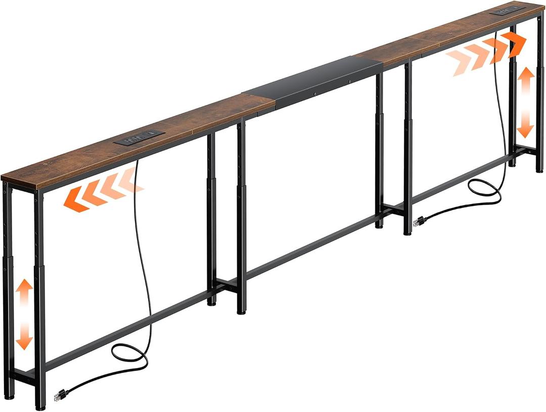 Huuger Narrow Console Table with Power Outlets & USB-C, Rustic Brown, 110.2"-133.9"W x 5.9"D
