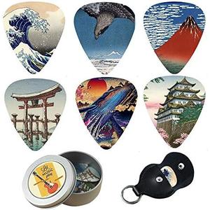 Guitar Picks - Cheliz 9 Medium Gauge Celluloid Guitar Picks In a Box W/Picks Holder. Unique Guitar Gift For Bass, Electric & Acoustic Guitars (Japanese Culture)