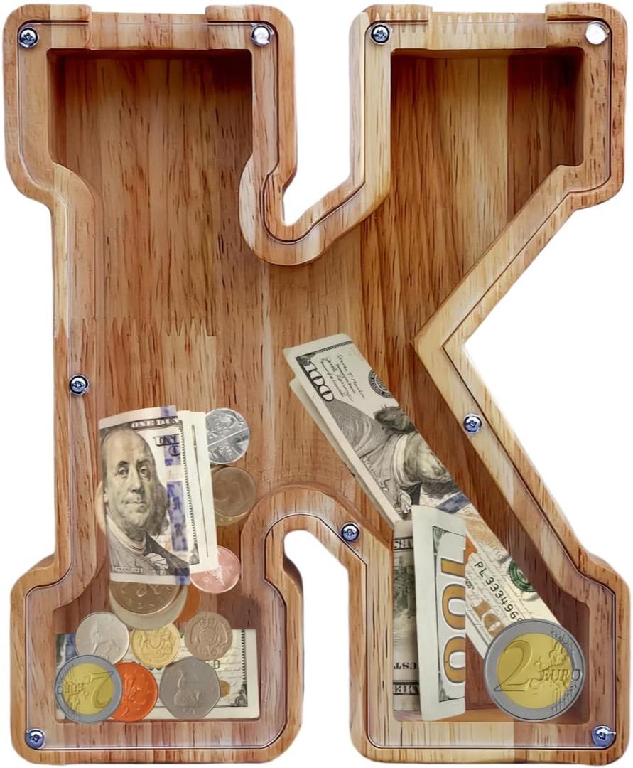 Large Piggy Bank for Kids Boys Girls, Personalized Wooden Letter Piggy Bank with Cut-Out Design, Alphabet Letter Coin Banks, Money Savings Box,Birthday Present for Kids Adults and Home Decoration (K)