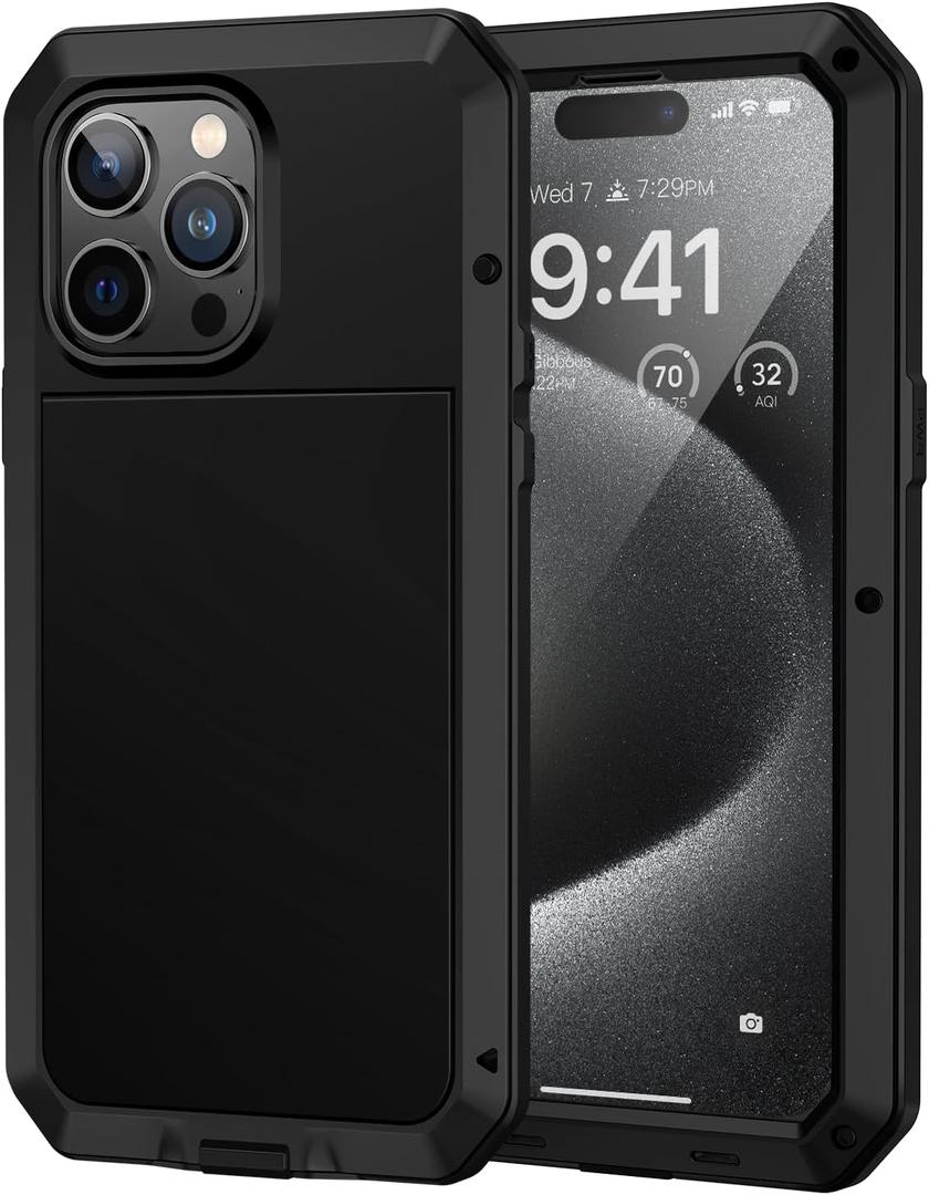 Lanhiem for iPhone 15 Pro Max Metal Case, Heavy Duty Shockproof Tough Rugged Case with Built-in Glass Screen Protector, 360 Full Body DustProof Protective Cover for iPhone 15 Pro Max 6.7", Black