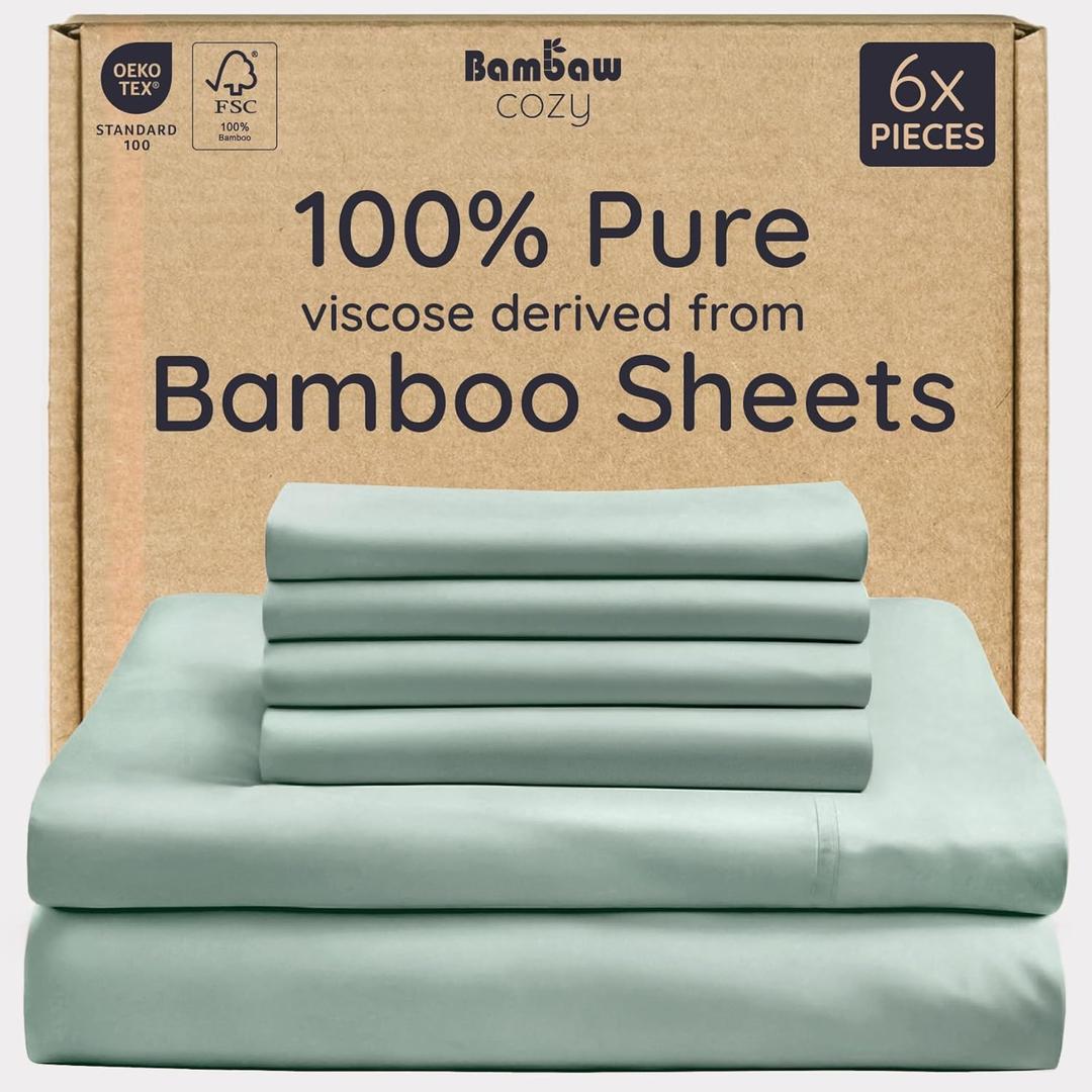 Bambaw 100% Viscose Derived from Bamboo Sheets Queen Size Set  6pcs Deep Pocket Cooling Queen Sheets, Fits Up to 16'' with Elastic Corner Straps, Buttery Soft & Breathable (Sea Glass)
