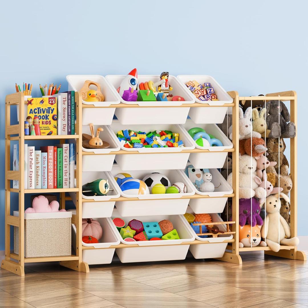 Toy Storage Organizer with Bookshelf and Stuffed Animal Storage - Kids Playroom Organization with Shelves and 12 Toy Bins - Toddler Living Room Toy Box for Lego - Nursery Bedroom Decor Essentials (White)