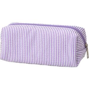 Cute Pencil Case, Seersucker Pencil Bag Desktop Stationery Finishing Large Capacity Embroidery Striped Travel Storage Bag, Multifunctional Cosmetic Pouch, (Purple)