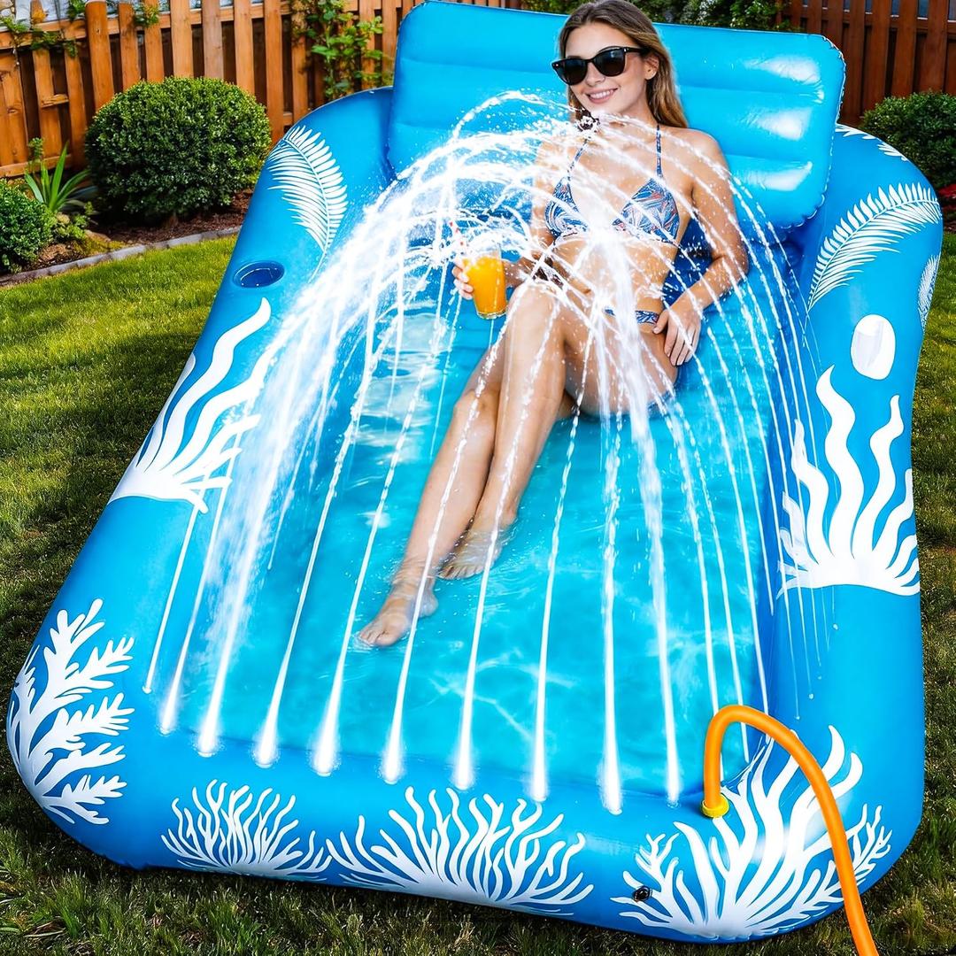 Inflatable Tanning Pool Lounger Float with Sprinkler-6 in 1 Suntan Tub Raft Floatie with Drink Holder Sunbathing Water Lounge-Tanning Bed Mat Pad for Adult Blow Up Kiddie Pool Kids Ball Pit Pool (L)