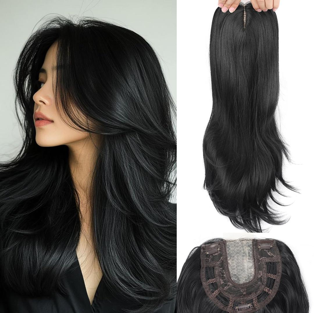 Lumhun 20Inch Hair Toppers for Women with Thinning Hair, Heat Resistant Fibre Synthetic 6.5" x 6.5" Base,Long Layered Topper for Women(Dark Brown with Brown Highlight,20Inch)