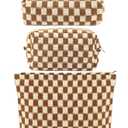 ZLFSRQ 3Pcs Checkered Makeup Bag for Women Large Small Checkered Cosmetic Bag Set Aesthetic Preppy Pencil Case Cute Pencil Pouch Brown Makeup Pouch for Purse Travel Toiletry Bags Zipper Skincare Bags