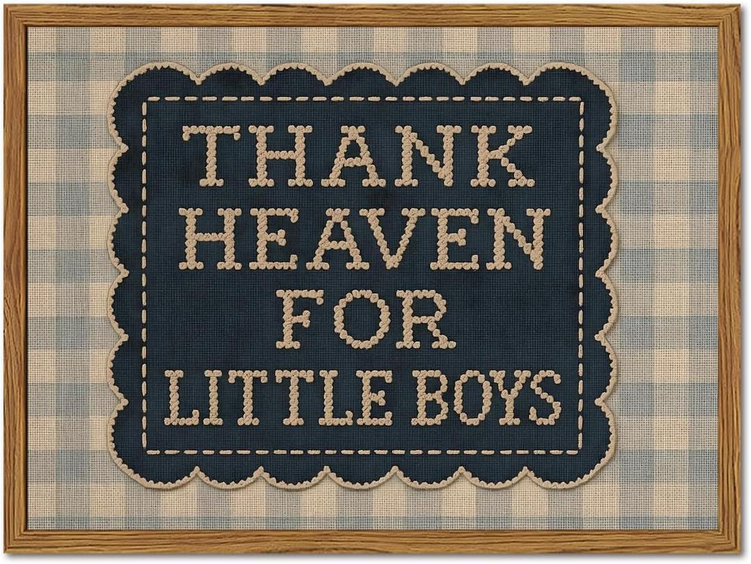 Framed Thank Heaven for Little Boys Wall Art, Baby Boy Nursery Wall Decor, Vintage Blue Gingham Inspirational Quote Paintings Canvas Prints Pictures for Toddler Kids Bedroom 12x16 inch