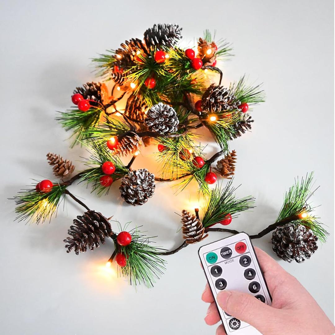 Christmas Garland Lights 6.56FT Holiday Prelit Garlands Pine Cone Red Berry Battery Operated with Remote Garland Wreath Xmas Decor Lights for Outdoor Indoor Christmas Tree Home Frontdoor Decorations