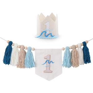 Big One Surf Highchair Banner - 1st Birthday Decoration Set | High Chair Banner & Crown Hat | Wave Theme First Birthday Party | Beach Ocean Summer Celebration Decor (One Surf Highchair Banner)