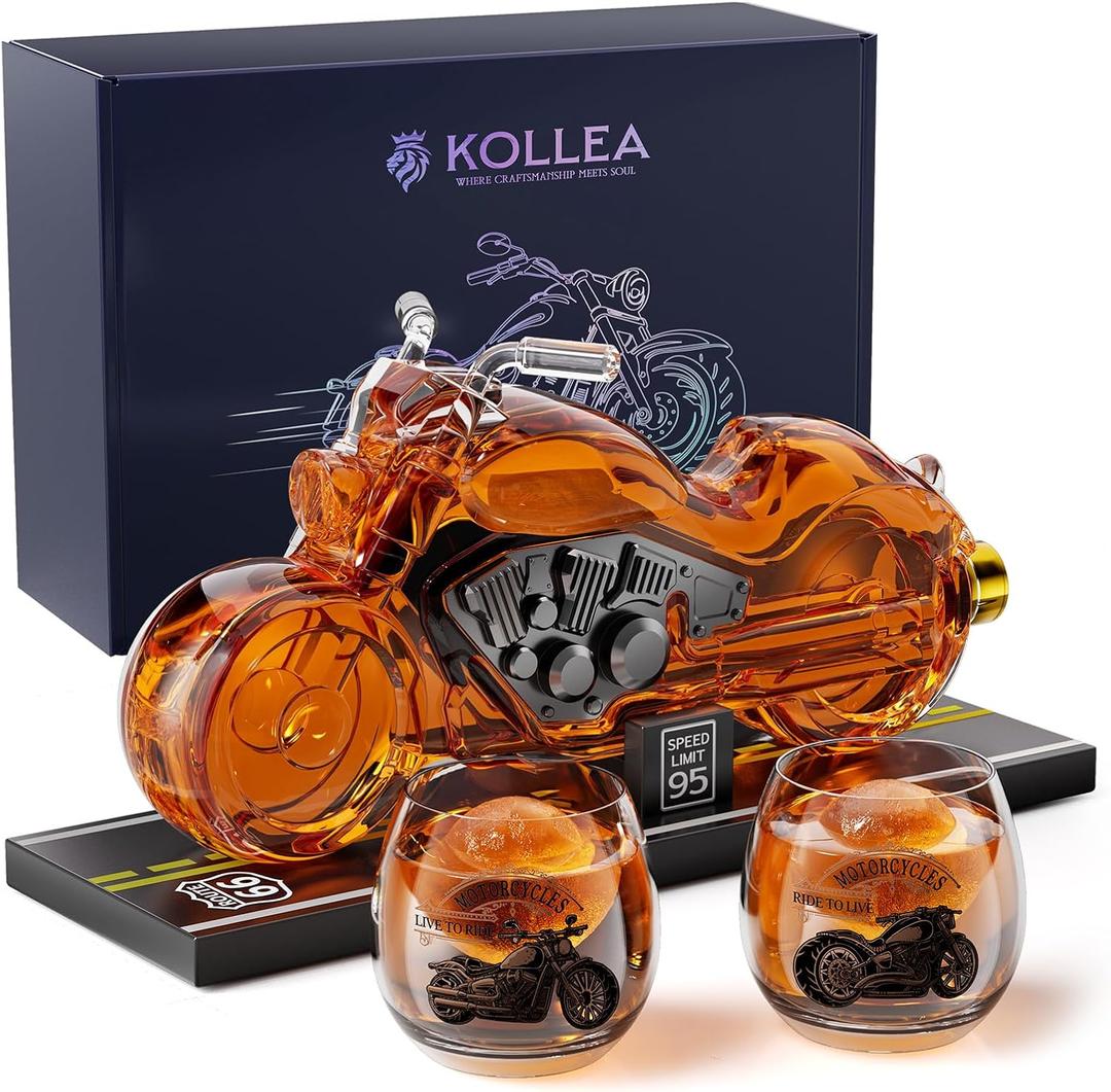 Kollea Birthday Gifts for Men Dad, Motorcycle Whiskey Decanter Set with 2 Glasses, Liquor Dispenser for Home Bar, Unique Gift for Him, Father, Boyfriend, Anniversary, Biker & Motor Lover, Christmas (Clear)