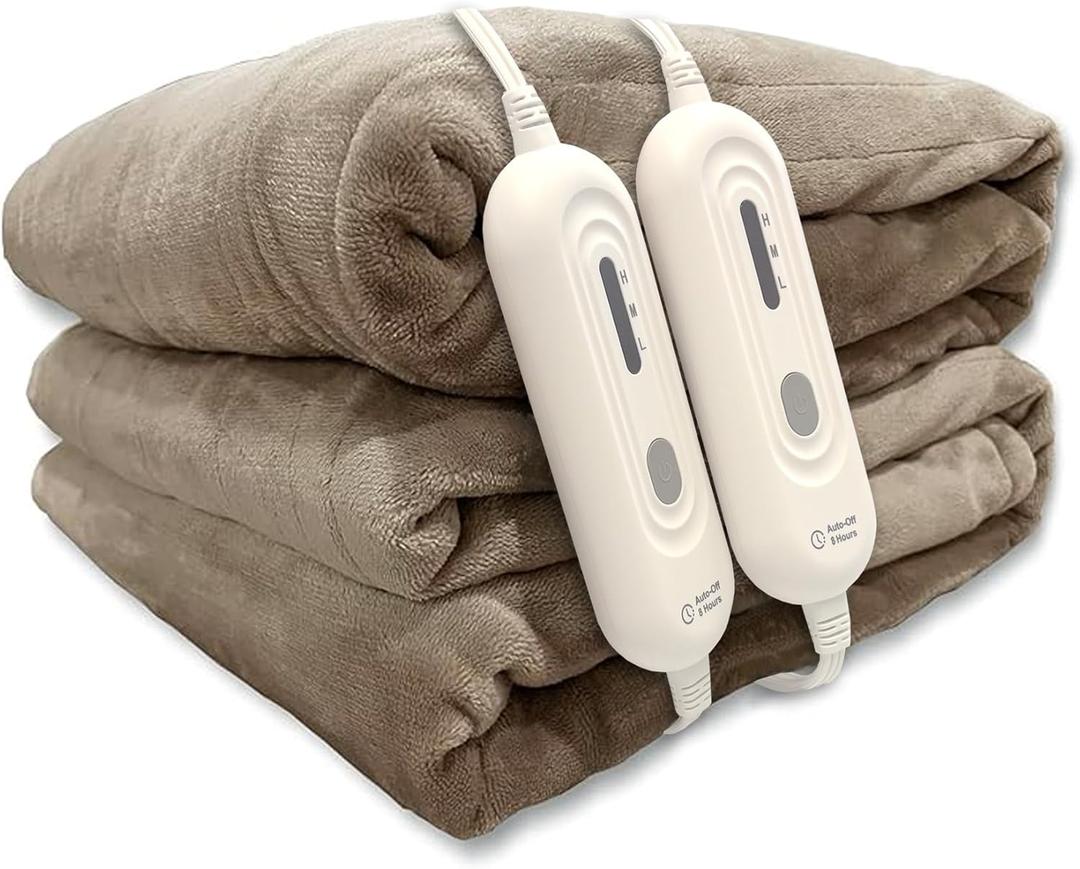 Tefici Electric Heated Blanket Queen Size, Dual Control Super Cozy Soft 2-Layer Flannel 84" x90" Heating Blanket with 3 Heat Levels & 8 Hours Auto Off,ETL&FCC Certified,Home Office Use,Camel
